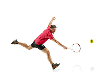 Image showing one caucasian man playing tennis player isolated on white background