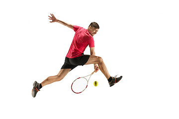 Image showing one caucasian man playing tennis player isolated on white background