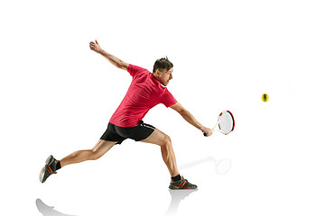 Image showing one caucasian man playing tennis player isolated on white background