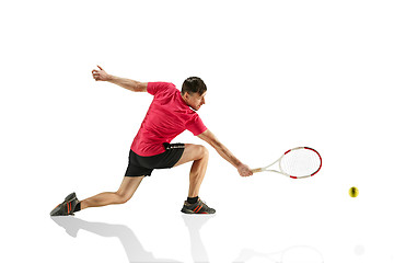 Image showing one caucasian man playing tennis player isolated on white background