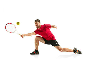 Image showing one caucasian man playing tennis player isolated on white background