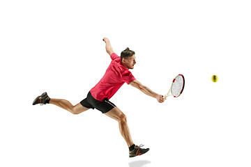 Image showing one caucasian man playing tennis player isolated on white background