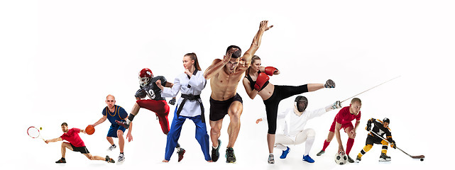 Image showing Sport collage about boxing, soccer, american football, basketball, ice hockey, fencing, jogging, taekwondo, tennis