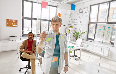 Image showing man drawing scheme for creative team at office