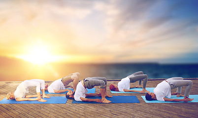 Image showing group of people doing yoga bridge pose outdoors