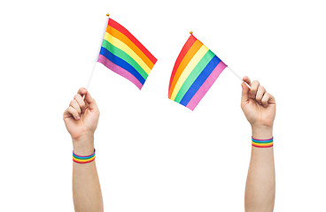 Image showing hand with gay pride rainbow flags and wristbands