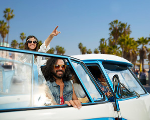 Image showing hippie friends in minivan car at venice beach