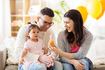 Image showing baby girl with parents at home birthday party