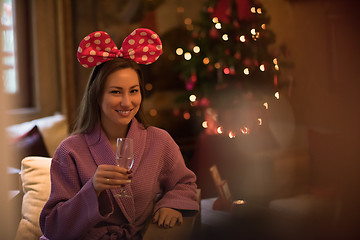 Image showing woman drinking champagne at spa