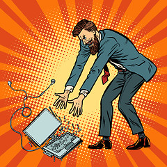 Image showing Man destroys laptop. Stress at work