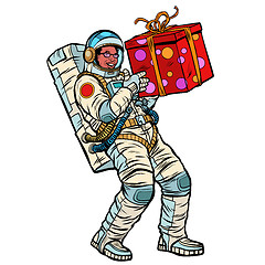 Image showing Cosmonaut with gift box. African American people