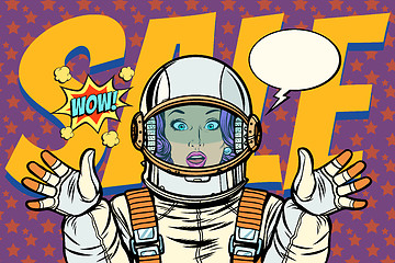 Image showing discounts sales woman wow astronaut retro background