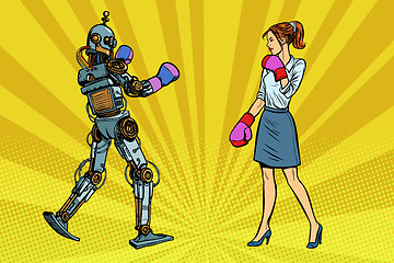 Image showing Woman businesswoman Boxing with a robot