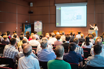 Image showing Business speaker giving a talk at business conference event.