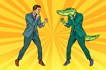 Image showing Man Boxing fights with crocodile reptiloid