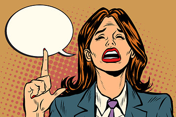 Image showing crying woman pointing up comic bubble