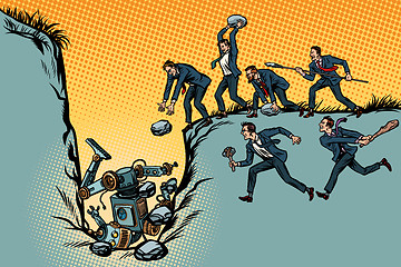 Image showing Savages businessmen kill the robot. Fight for jobs. People again