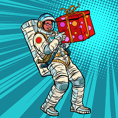 Image showing Astronaut birthday with a gift. African American people