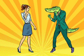 Image showing Woman businesswoman Boxing fights with crocodile reptiloid