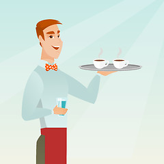 Image showing Waiter holding tray with cups of coffeee or tea.