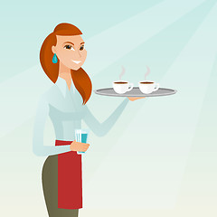 Image showing Waitress holding tray with cups of coffeee or tea.