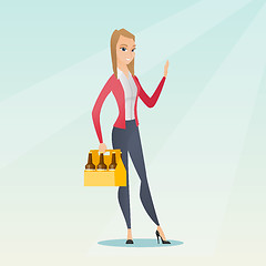 Image showing Woman with pack of beer vector illustration.