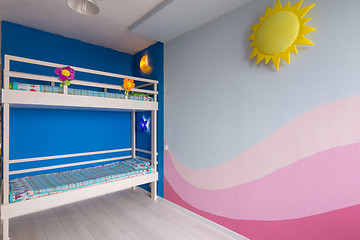 Image showing Interior of a children\'s room for two girls after repair, painted wall and bunk bed