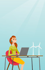 Image showing Woman working with model of wind turbines.