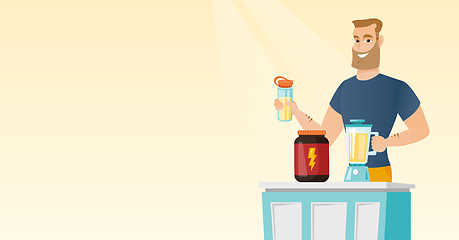 Image showing Young man making protein cocktail.