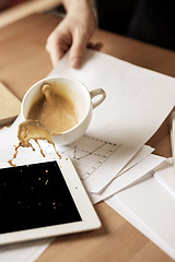 Image showing Coffee in white cup spilling on the table in the morning working day at office table