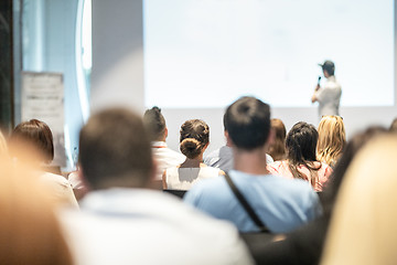 Image showing Business speaker giving a talk at business conference event.