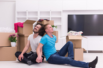 Image showing young  gay couple moving  in new house