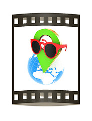 Image showing Glamour map pointer in sunglasses on Earth. 3d illustration. The