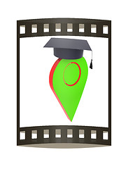 Image showing Geo pin with graduation hat on white. School sign, geolocation a