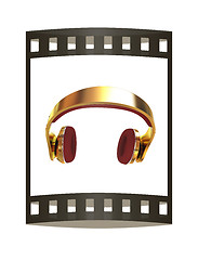 Image showing Golden headphones. 3d illustration. The film strip.