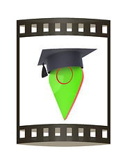 Image showing Geo pin with graduation hat on white. School sign, geolocation a