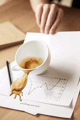 Image showing Coffee in white cup spilling on the table in the morning working day at office table