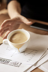 Image showing Coffee in white cup spilling on the table in the morning working day at office table