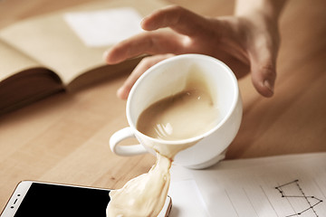 Image showing Coffee in white cup spilling on the table in the morning working day at office table