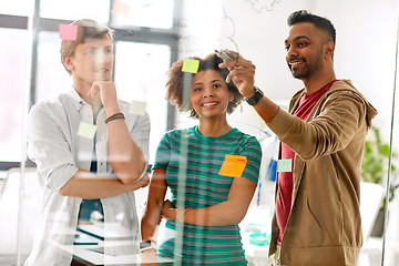 Image showing creative team writing on glass board at office