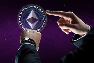 Image showing male hands with smart watch and ethereum hologram