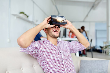 Image showing happy man with virtual reality headset at office