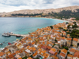 Image showing Aerial panoramic view of Baska town, popular touristic destination on island Krk, Croatia, Europe