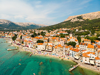 Image showing Aerial panoramic view of Baska town, popular touristic destination on island Krk, Croatia, Europe