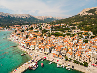 Image showing Aerial panoramic view of Baska town, popular touristic destination on island Krk, Croatia, Europe