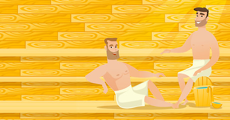 Image showing Caucasian men relaxing in sauna.