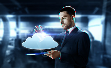 Image showing businessman with transparent tablet and cloud