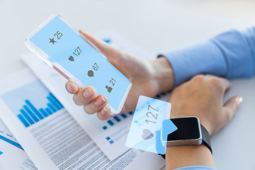 Image showing hands with smartphone and smart watch social media