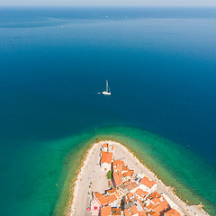 Image showing Aerial view of old town Piran, Slovenia, Europe. Summer vacations tourism concept background.