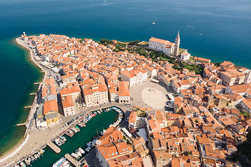 Image showing Aerial view of old town Piran, Slovenia, Europe. Summer vacations tourism concept background.